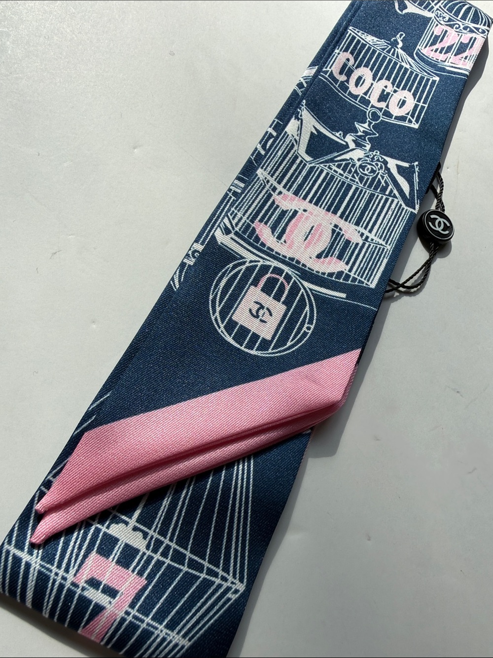 Navy and Pink Silk Twilly with Cage Motif